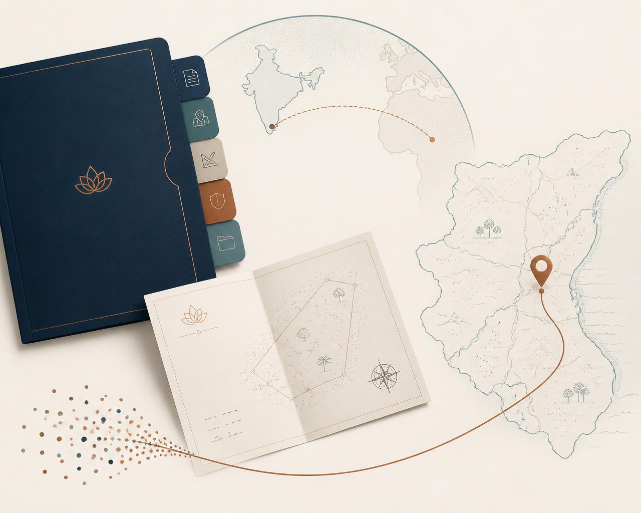 A structured case file, a property title document with a survey sketch, a district map with a location pin and a line resolving from scattered dots into a single clear path